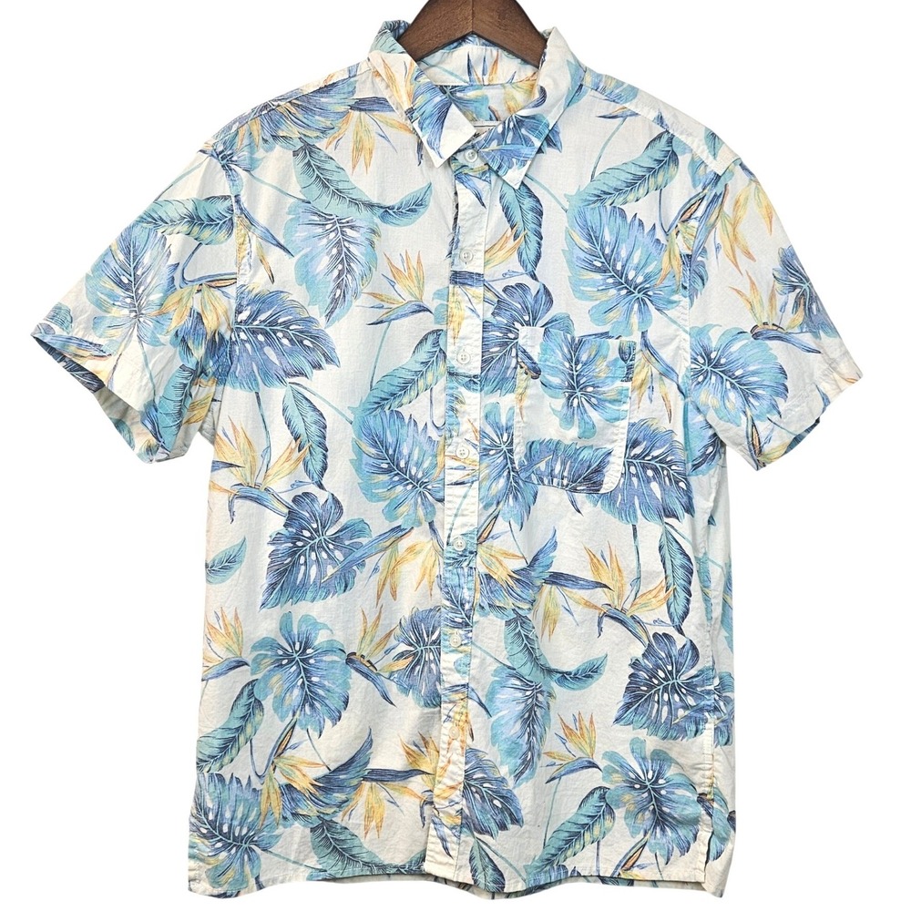 American Eagle Men's Large Floral Button Down Shirt Short Sleeve Blue Tropical